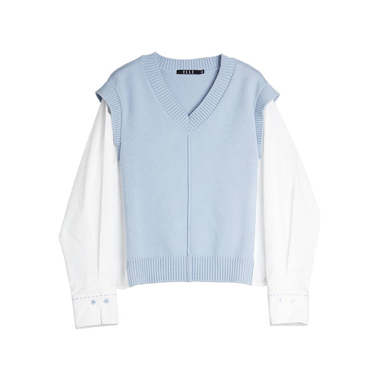 ELLE Knitwear Women's Blue V Neck Moderate Mock Two Piece