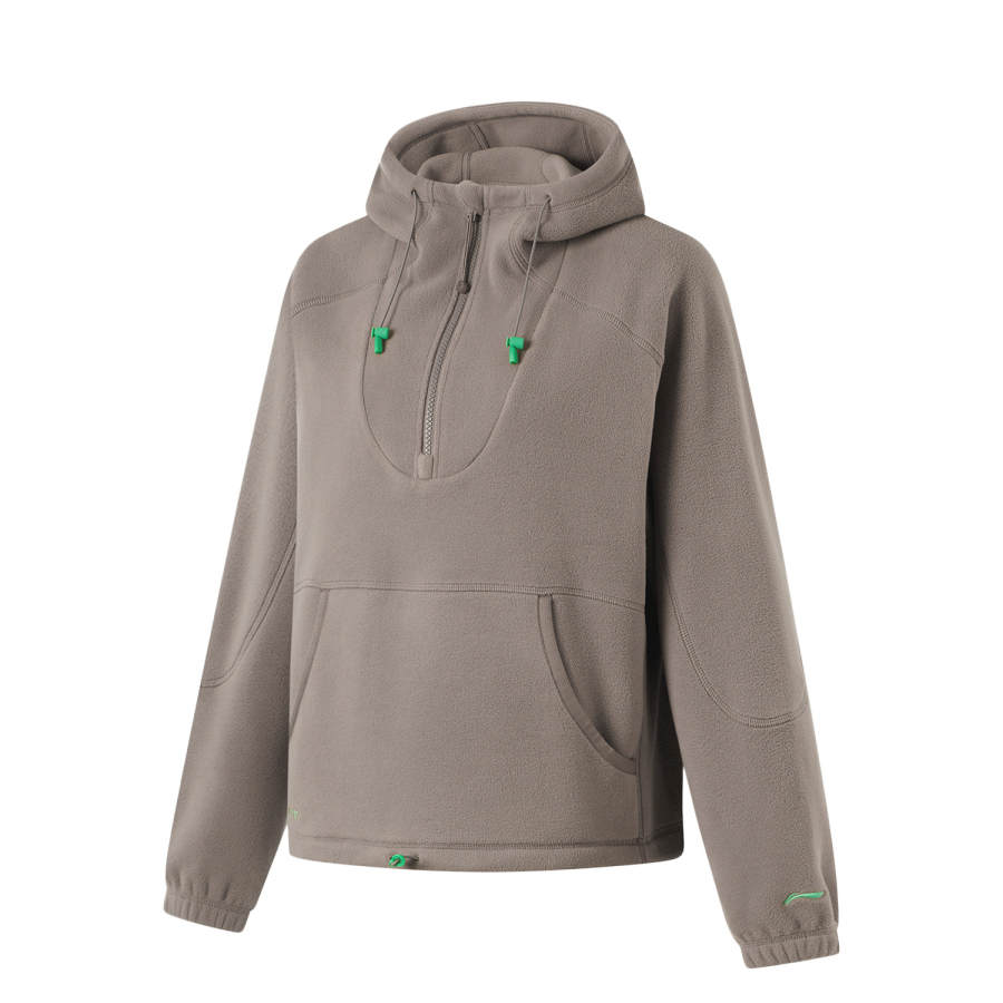 Li-Ning Li Ning Fitness Series Fleece Lined Thermal Letter Hooded Long Sleeved Sweatshirt Women's Tree Gray Brown