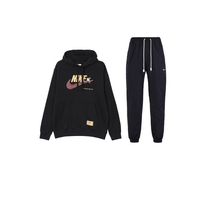 Nike Nike Hooded Pullover Logo Print Long Sleeved Top Solid Color Fleece Lined Lace Up Pants Sweatshirt Set Men's Black