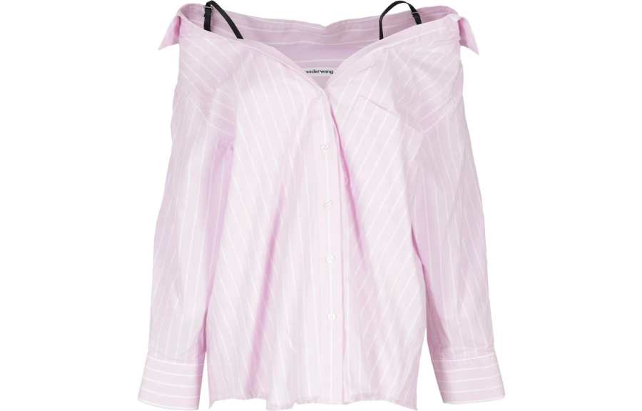 Alexander Wang T By Alexander Wang Off Shoulder Boyfriend Charm Bra Strap Shirt Light Pink/White