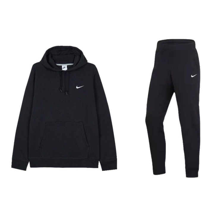 Nike Nike Embroidery Hooded Pullover Top Solid Color Fleece Lined Comfortable Pants Casual Sportswear Men's Black