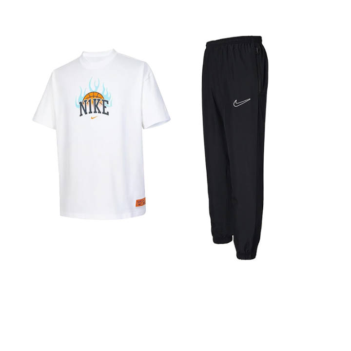 Nike Nike Casual Sportswear Men's Clothing Set White Top+Black Pants Crew Neck Thin