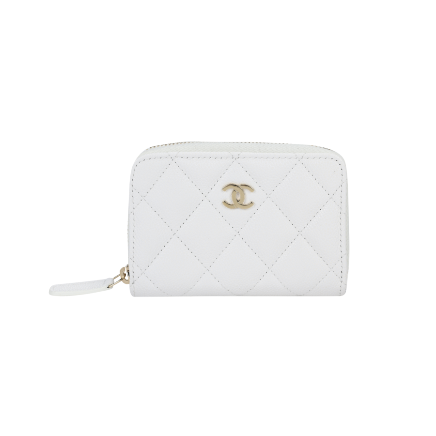 CHANEL Shiny Grain Calfskin & Gold Metal Wallet Women's White