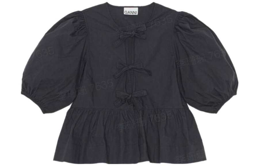 GANNI Poplin Peplum Tie Blouse