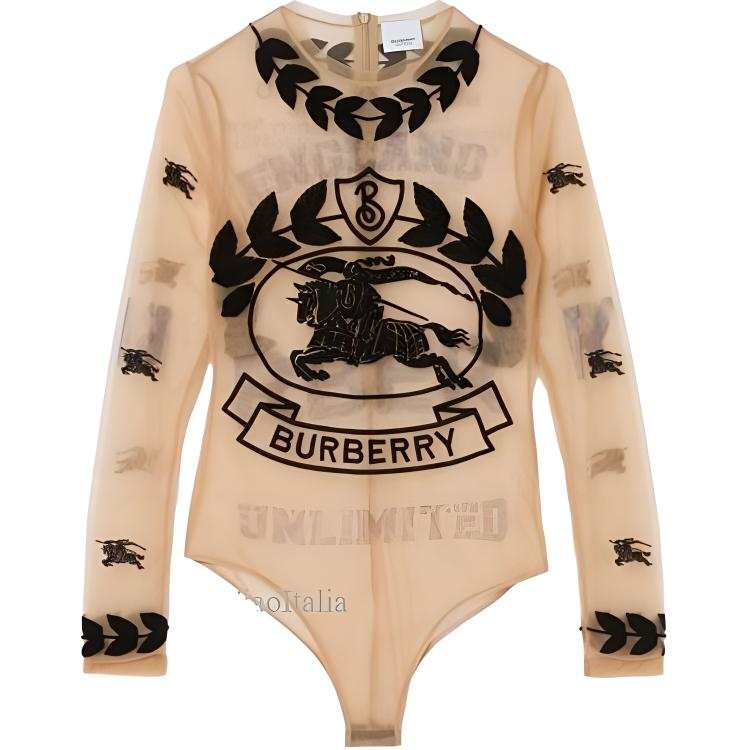 Burberry Embroidered Graphic Logo Mesh Bodysuit 'Camel'