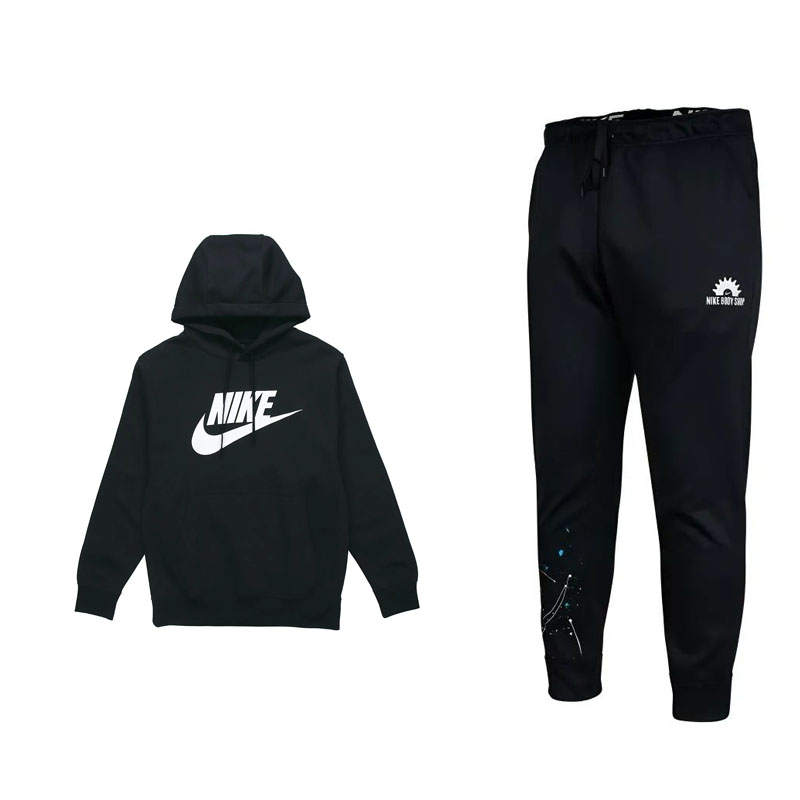 Nike Nike Club Fleece Logo Print Fleece Lined Hooded Pullover Top Lace Up Sports Pants Sweatshirt Set Men's Black