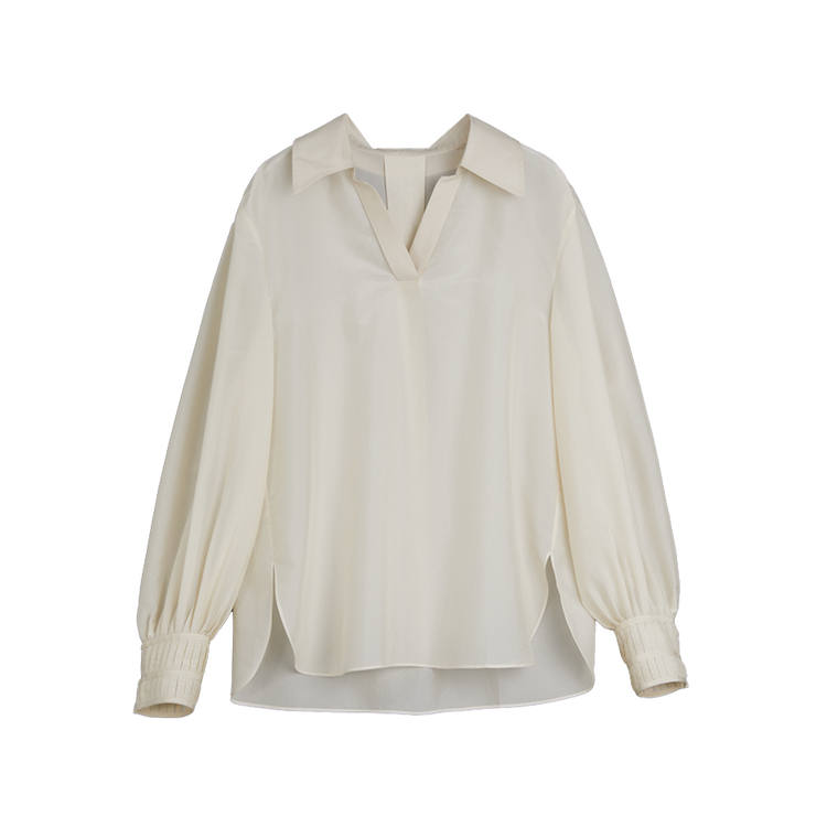 ELLE Chiffon Shirts Women's Ecru Lapel Moderate Shirt