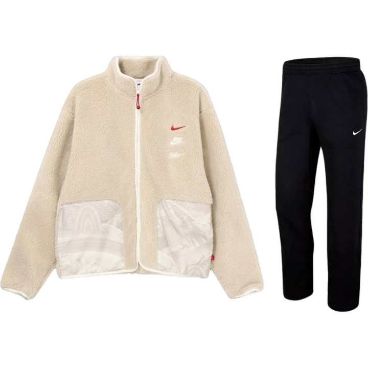 Nike Nike Casual Sportswear Men's Set Beach White Top+Black Pants Stand Collar Thickened