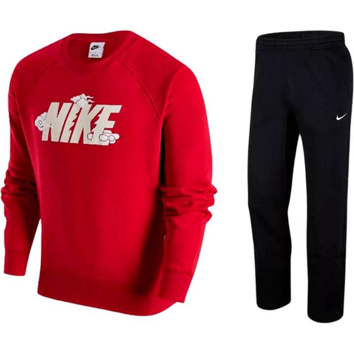 Nike Nike Casual Sportswear Men's Set University Red Top+Black Pants Crew Neck Thickened