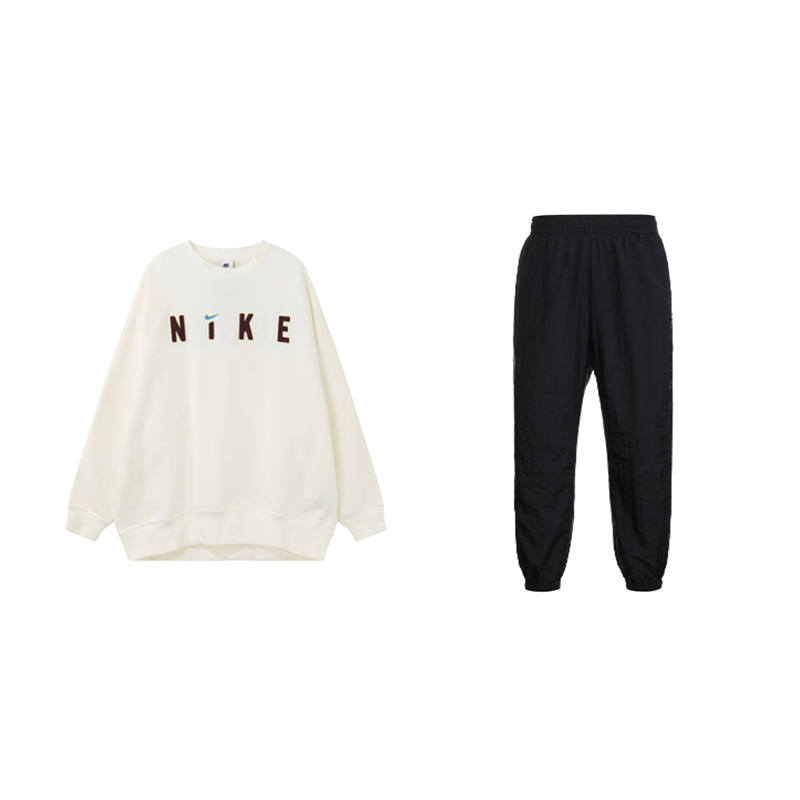 Nike Nike Casual Sportswear Unisex Clothing Set White Top+Black Pants Crew Neck Moderate