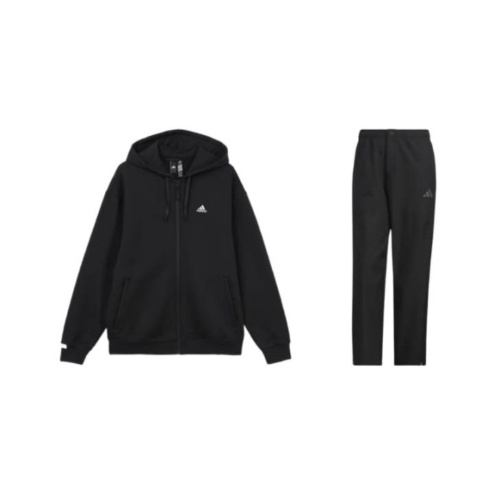 Adidas Adidas Hooded Zippered Fleece Lined Thickened Jackets & Solid Color Breathable Casual Pants Sweatshirt Set Men's Black