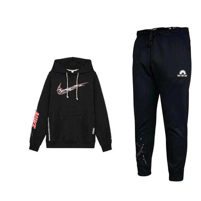 Nike Nike Brand Logo Letter Hood Fleece Lined Long Sleeved Top Sports Training Casual Pants Sweatshirt Set Men's Black