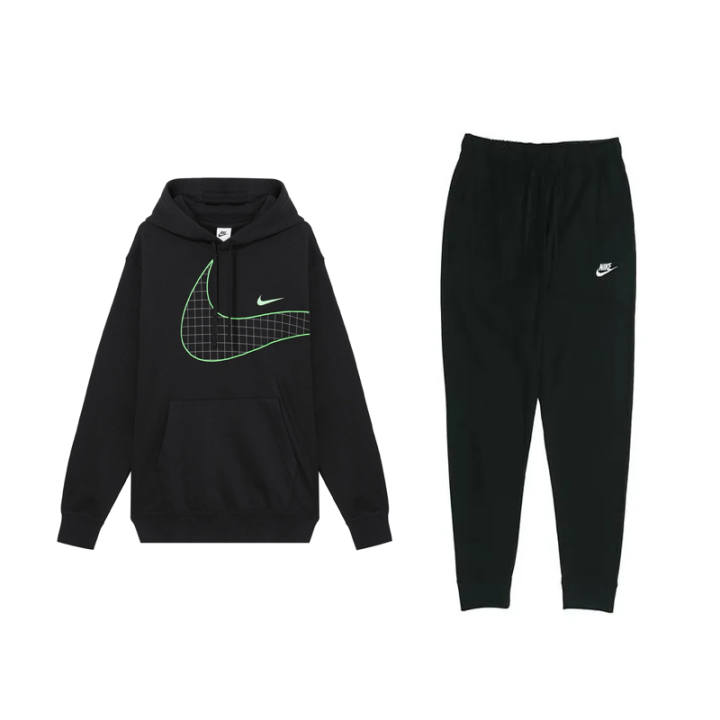 Nike Nike Fleece Lined Hooded Pullover Long Sleeved Mid Rise Elastic Pants Sweatshirt Set Men's Black