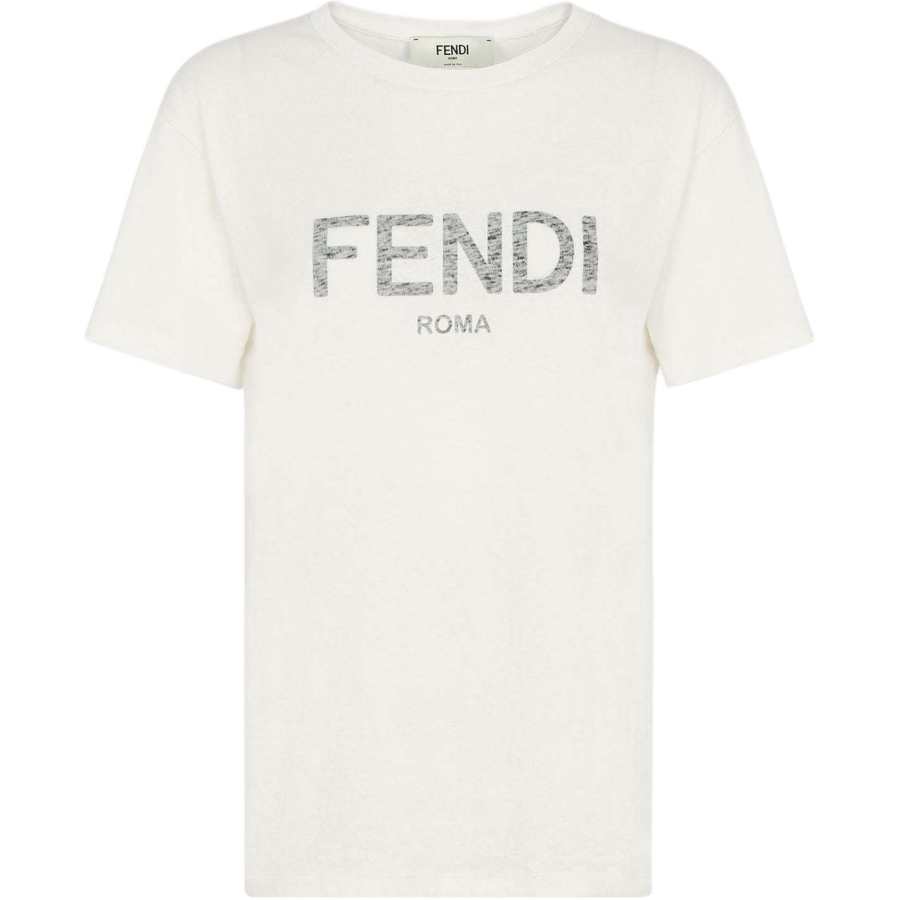 FENDI SS23 Logo Letter Print Straight Fit Short Sleeved T Shirt Women's White