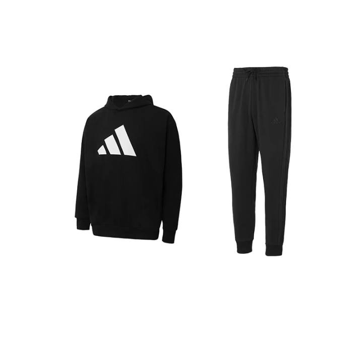 Adidas Adidas Fleece Lined Hooded Pullover Long Sleeved Solid Color Mid Rise Lace Up Pants Sweatshirt Set Men's Black