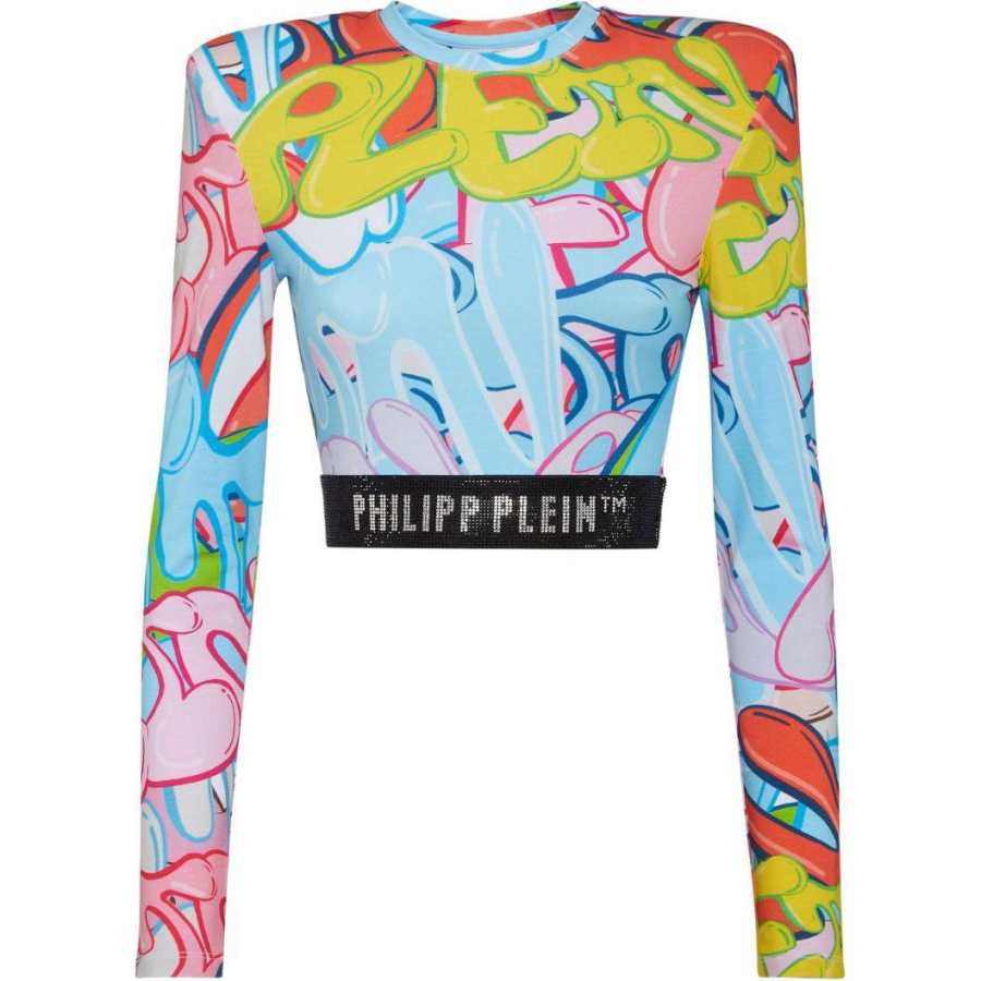 Philipp Plein Padded Shoulder Cropped Top Ls Bombing Graffiti