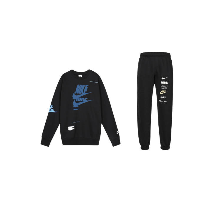 Nike Nike Letter Logo Fleece Lined Sports Pullover Long Sleeved Top With Elastic Mid Rise Pants Sweatshirt Set Men's Black