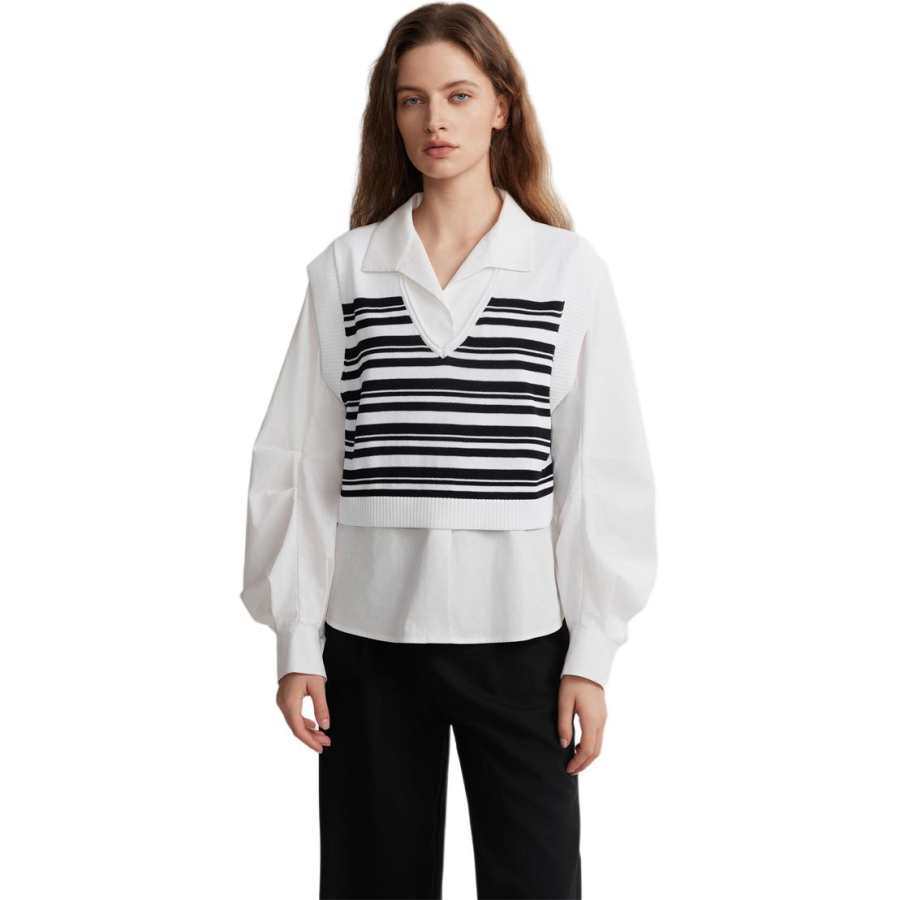 ELLE Shirts Women's White Lapel Moderate Mock Two Piece