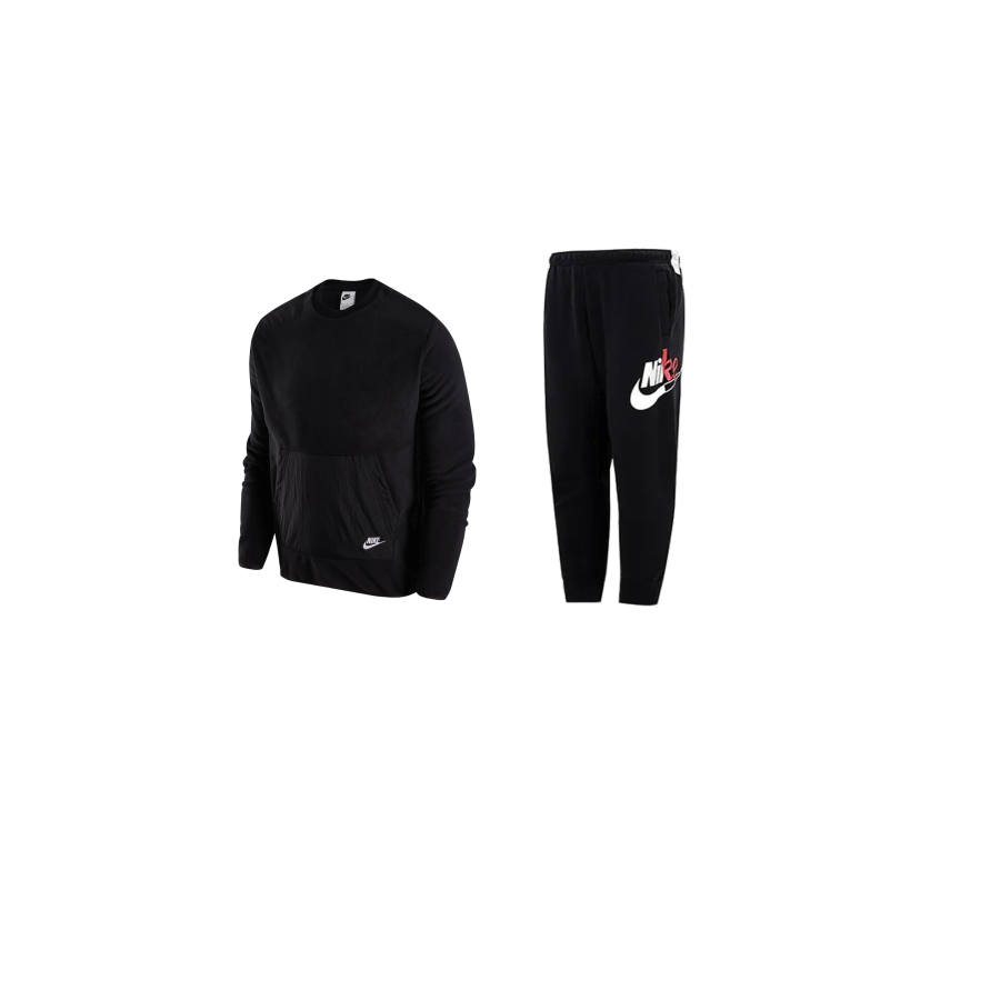 Nike Nike Patchwork Fleece Lined Crew Neck Long Sleeved Mid Rise Thermal Pants Sweatshirt Set Men's Black