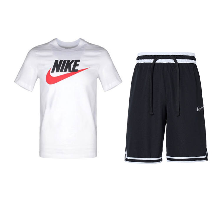 Nike Nike Casual Sportswear Men's Clothing Set White Top+Black Pants Crew Neck Moderate