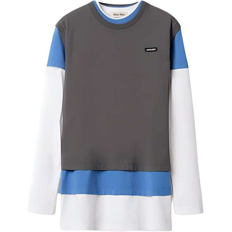 MIU MIU FW24 Holiday Collection, Letter Logo Label Multicolor Crew Neck Long Sleeved T Shirt Women's Brown