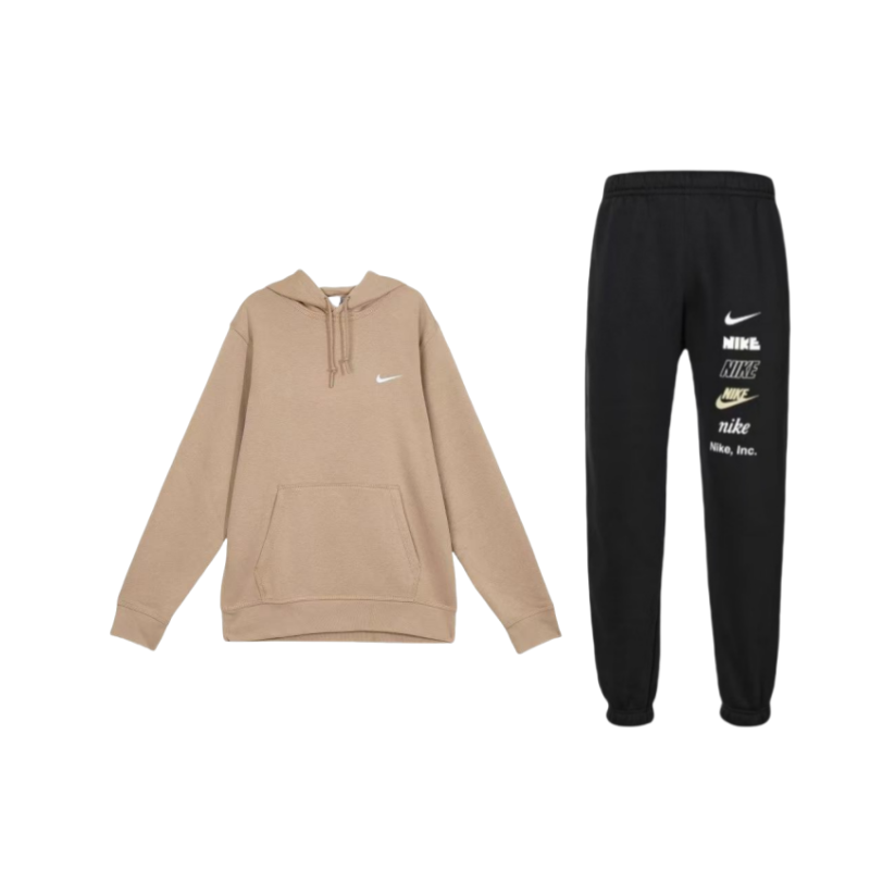 Nike Nike Brand Logo Pattern Hooded Long Sleeved Top Casual Sports Fleece Lined Warm Leggings Sweatshirt Set Unisex Khaki