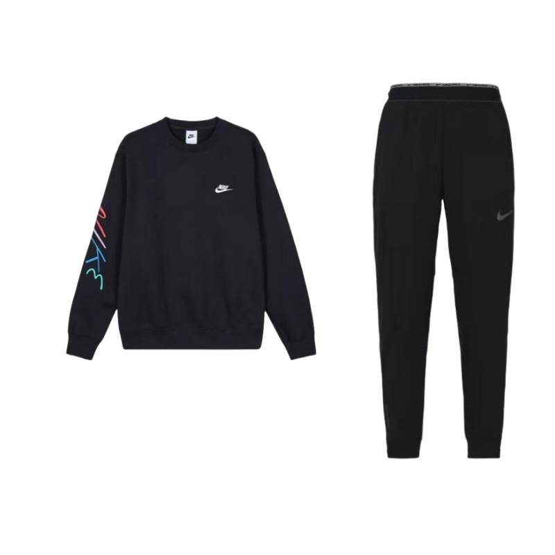 Nike Nike Club FLEECE Logo Embroidery Crew Neck Fleece Lined Casual Top Knitted Fabric Elastic Pants Sweatshirt Set Men's