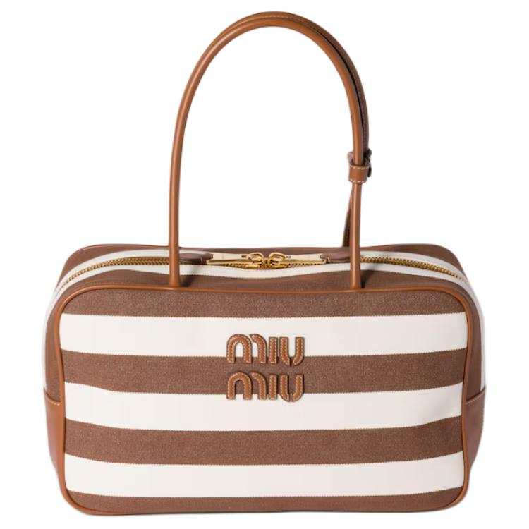 MIU MIU Beau Cotton With Polyester Handbag Women's Dark Brown & Natural