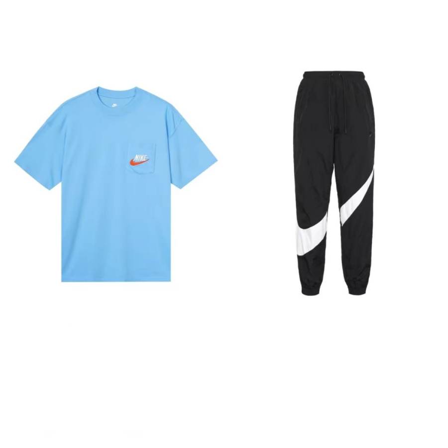 Nike Nike Casual Sportswear Men's Clothing Set Blue Top+Black Pants Crew Neck Moderate
