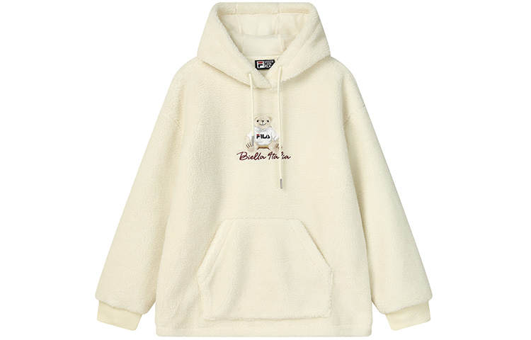 FILA Fleece Lined Loose Fit Casual Bear Logo Knitted Fabric Hooded Sweatshirt Women's Vanilla White