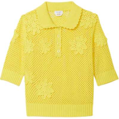 Kate Spade SS23 Solid Color Floral Lace Cut Out Slim Fit Thin Five Point Long Sleeved T Shirt Women's Bright Yellow