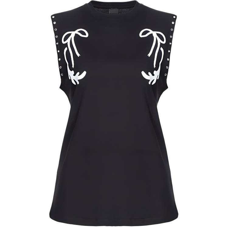 PINKO SS24 Logo Embroidery Crew Neck Cinched Waist Sleeveless T Shirt Women's Black