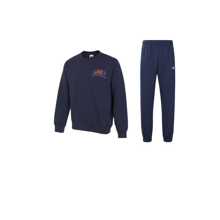 Nike Nike Letter Logo Embroidery Crew Neck Fleece Lined Top Solid Color Elastic Pants Sweatshirt Set Men's Dark Navy Blue