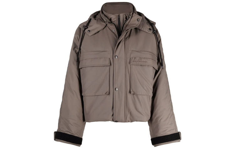 Balenciaga Women's Flap Pocket Logo Nylon Parka Jacket Khaki