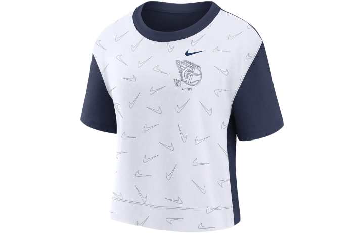 Nike Nike T Shirts Women's White Blue Patchwork Crew Neck Moderate Other