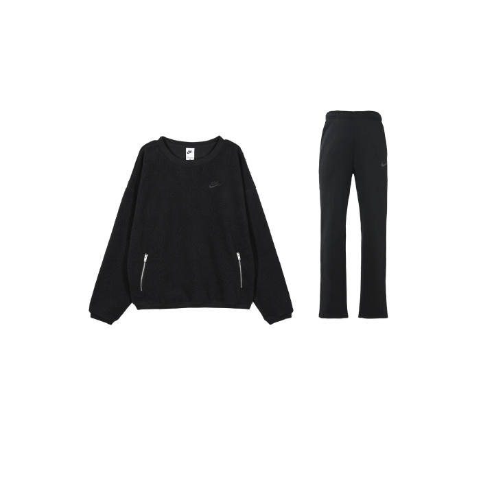 Nike Nike Solid Color Crew Neck Zip Pocket Design Casual Top Fleece Lined Running Knitted Sweatpants Sweatshirt Set Men's
