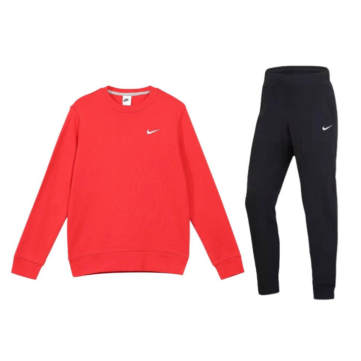 Nike Nike Casual Sportswear Men's Set Red Top+Black Pants Crew Neck Thickened And Fleece Lined
