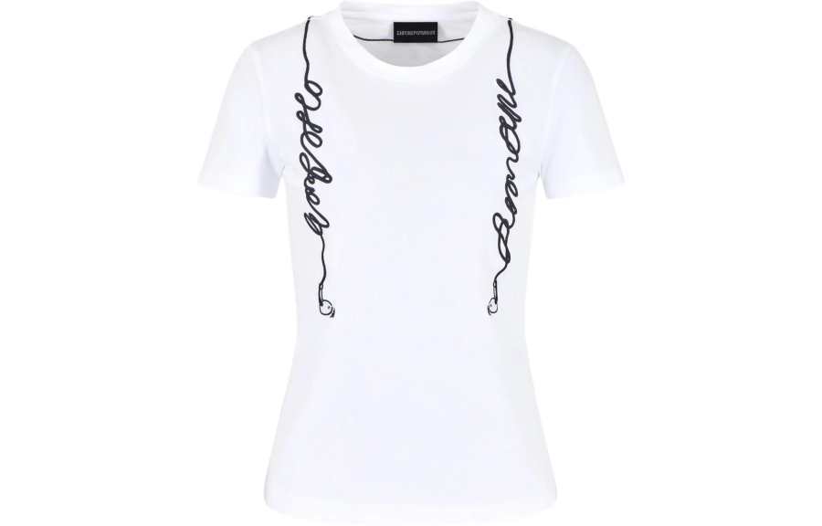 EMPORIO ARMANI SS24 Logo Embroidery Crew Neck Slim Fit Short Sleeved T Shirt T Shirt Women's White