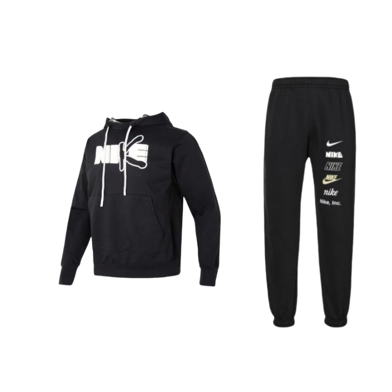 Nike Nike Letter Print Hooded Long Sleeved Fleece Lined Warm Retaining Knitted Fabric Sports Pants Sweatshirt Set Unisex