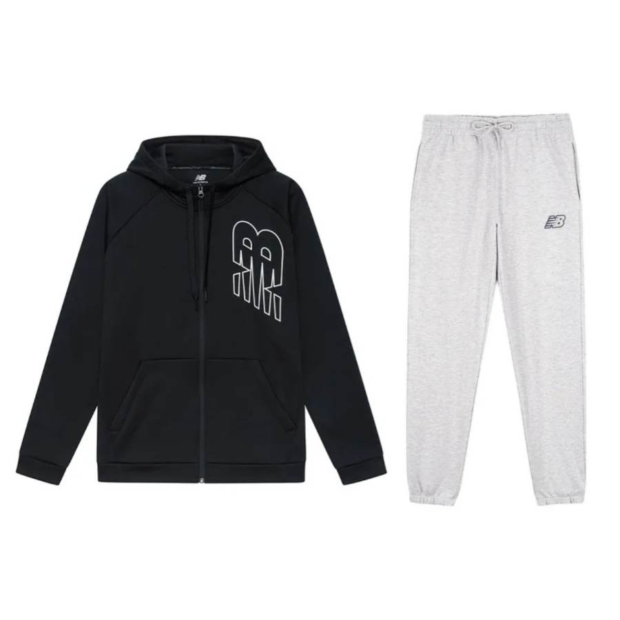 New Balance New Balance Logo Print Fleece Lined Hooded Long Sleeved Top With Lace Up Elastic Cuff Knitted Fabric Pants