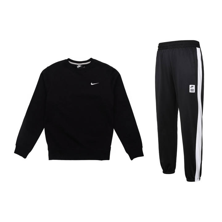 Nike Nike Solid Color Fleece Lined Thermal Pullover Long Sleeved Stripes Mid Rise Pants Sweatshirt Set Unisex Black