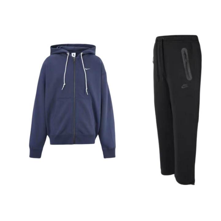 Nike Nike Solo Swoosh Solid Color Hooded Zippers Fleece Lined Drawstring Casual Top Knitted Sweatpants Sweatshirt Set Men's