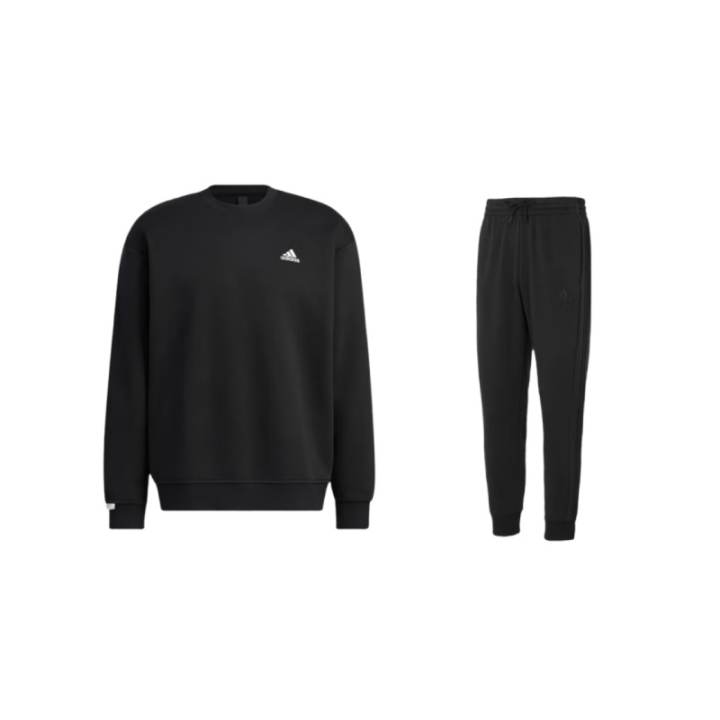 Adidas Adidas Solid Color Fleece Lined Crew Neck Pullover Long Sleeved Mid Rise Pants Sweatshirt Set Men's Black