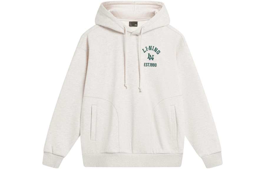Li-Ning Li Ning Sports Fashion Collection Letter Print Hooded Fleece Lined Pullover Sweatshirt Women's Gray