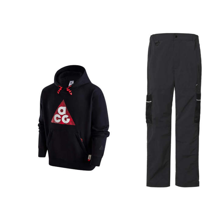 Nike Nike Large Pocket Pants Logo Print Fleece Lined Pullover Hooded Long Sleeved Sweatshirt Set Men's Black