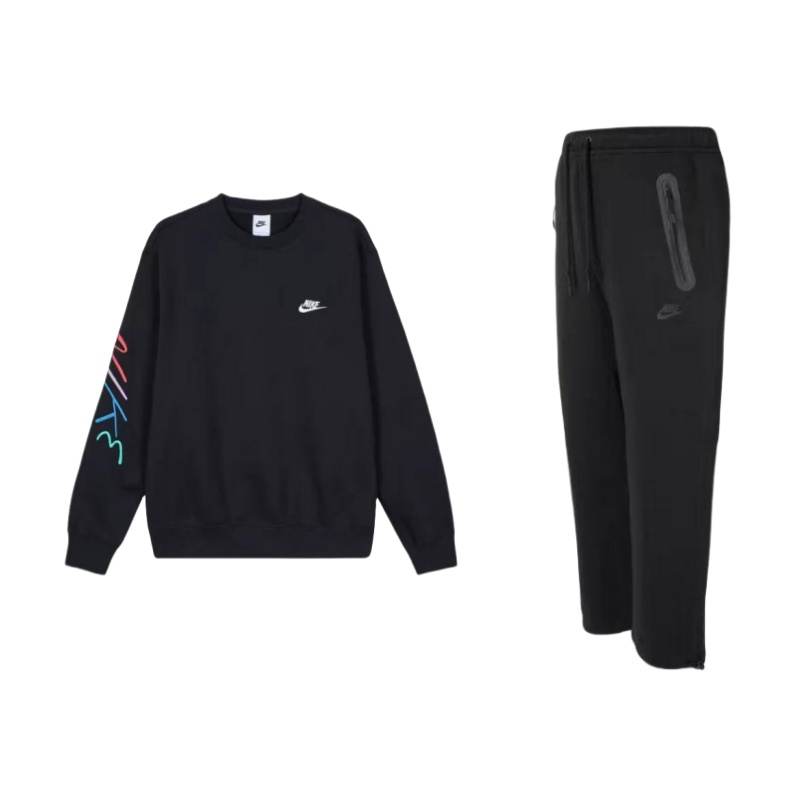 Nike Nike Club FLEECE Logo Embroidery Crew Neck Fleece Lined Casual Top Pants Sweatshirt Set Men's Black