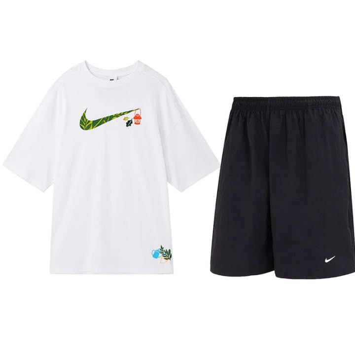 Nike Nike Casual Sportswear Unisex Set White Top+Black Shorts Crew Neck Moderate