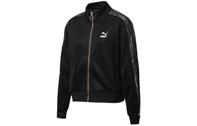 PUMA Luxe Track Top Women's Fleece Lined Thermal Patchwork Stand Collar Knitted Fabric Retro Jackets Women's Black