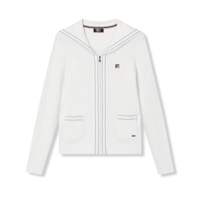 FILA Knitwear Women's Steam White Navy Collar Moderate Cardigan