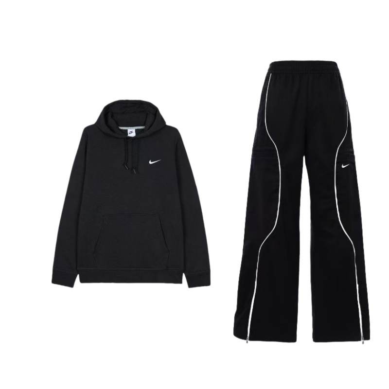 Nike Nike Hooded Fleece Lined Comfortable Long Sleeved Top Loose Fit Comfortable Lace Up Pants Sweatshirt Set Unisex Black